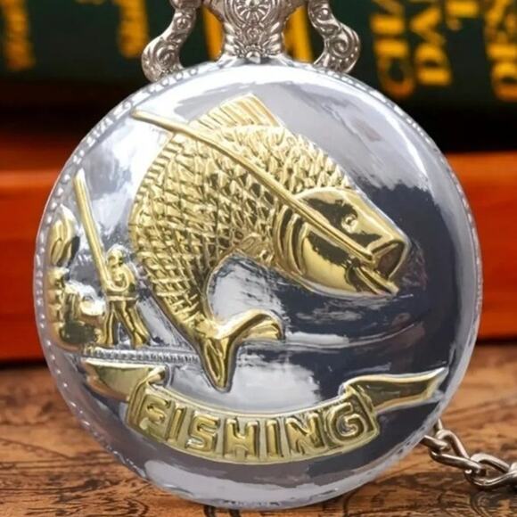 Fishing Pocket Watch Silver Gold Men\'s Christmas Birthday Anniversary Gift NEW!